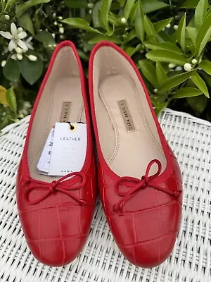 Zara 100% Leather Bow Ballet Flats Lipstick Red 8 Blogger New Christmas Holiday  • $49.99