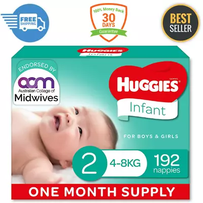 Huggies Infant Nappies Size 2 (4-8kg) 1 Month Supply 192 Count - FREE SHIPPING - • $86.98