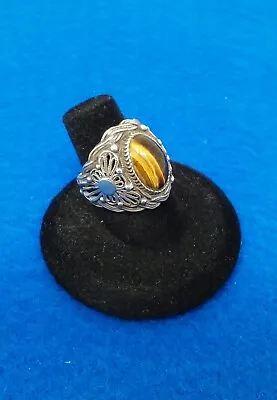 Vtg Israel Sterling Silver Wide Filigree Ring W/ Tiger's Eye Brown Stone Size 7 • $48