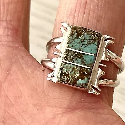 Navajo #8 Mine Turquoise Ring Sz 7.5 Sterling Signed Steve Francisco Rect S • $54.94