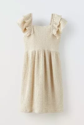 NWT Zara Girls Waffle Ruffle Natural Dress Boho Formal Crew Pointelle 13-14 • $34.99