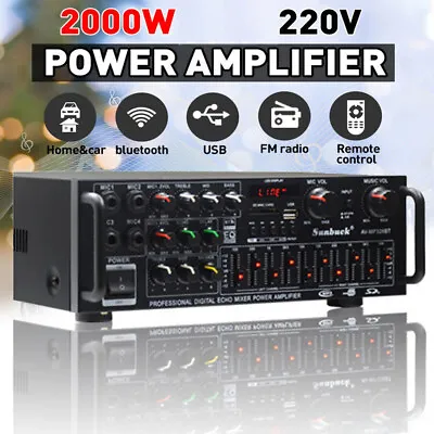 2000W Bluetooth Stereo Amplifier HIFI 2CH Tuner Remote Control USB SD Mic Input • £39.80