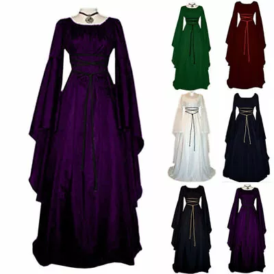 Women Victorian Medieval Maxi Dress Gothic Witch Cosplay Costume Party Clothes | • £22.57