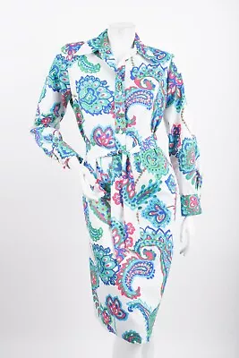 Lanvin Paris 70s Vintage Womans Shirt Dress Shift Size 14 Floral Paisley Belted • $399.99