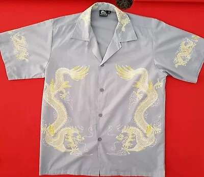 Anchalee Dragon Chinese Shirt Mens Medium Grey Yellow Button Excellent Condition • £15.95