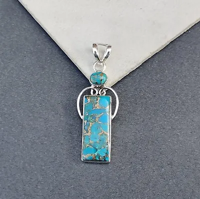 Blue Copper Turquoise Gemstone Pendant 925 Sterling Silver Handmade Gift PG681 • $17.42