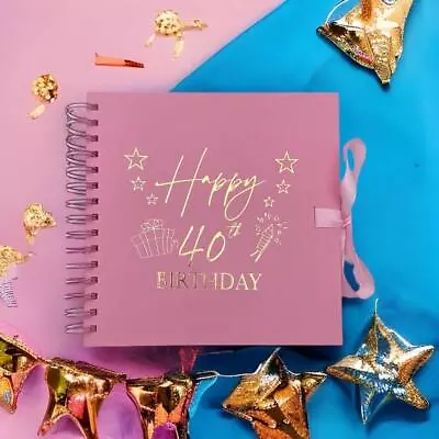 40th Birthday Pink Scrapbook Guest Book Photo Album Gold Script • £15.99