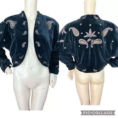 Laurel Bolero Velvet Vintage 80s Gold Embroidered Paisley Crop Jacket 38 M Black • $49.99