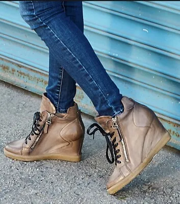 Miz Mooz Adela Sneaker Wedge Boot Booties Brown Gray Leather Size 37/ 7 • $55