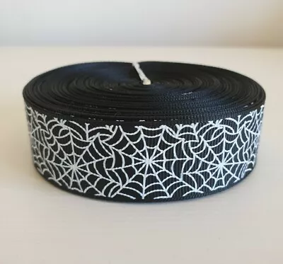 💥NEW💥 1 YARD Black Halloween Spiderweb Grosgrain Ribbon 25mm Craft Cake Decor • £2.75