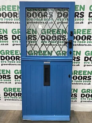 Wooden Stable Door Blue Antique Reclaimed Original Wood Pine Leaded Glass Used • £549.95