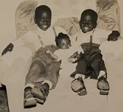 Three Black Children On Large Chair Two Brothers & Baby Sister Snapshot Photo  • $10.99
