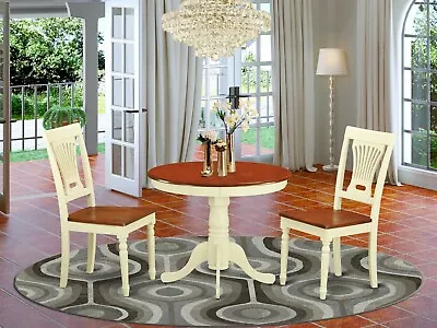 3pc Kitchen Dinette 36  Round Pedestal Table + 2 Wood Chairs Buttermilk & Cherry • $399