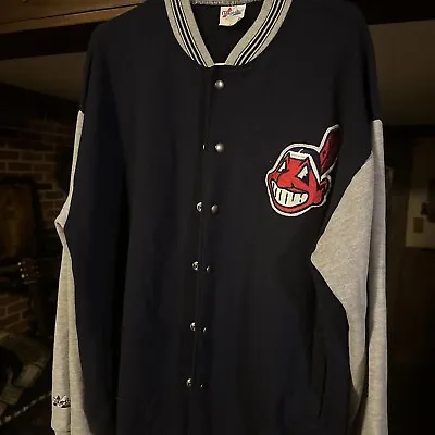Early 90s Cleveland Indians Jacket XL Sewed On Indians Patch Grey Sleeves Navy • $30