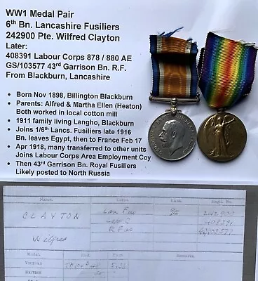 WW1 Medal Pair : 6th Lancashire Fusiliers / 43rd Royal Fusiliers / Labour Corps • £47.50