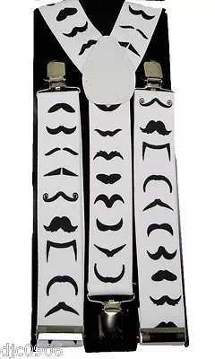 Thick 1 1/2  White With Black Mustaches Y-Style Back Suspenders-New In Package • $19.99