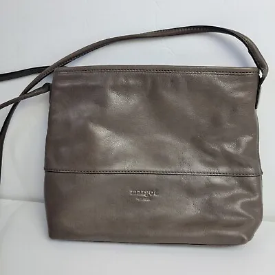 Margot New York CrossBody Shoulder Bag Purse Taupe Gray Simple Leather Zip Top • $25