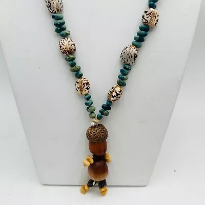 Unique 34  Vintage Necklace Green With Natural Wood Acorn Doll Pendant • $30