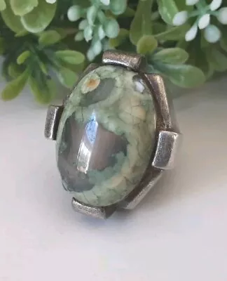 Big Vtg Modernist Sterling Silver 925 Ocean Agate Ring 1 3/16  Sz 7.25 #3sv • $45