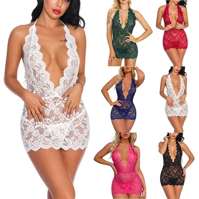 $18.97 • Buy Womens Sexy Lace Thong Lingerie Babydoll Deep V Sleepwear Underwear Nightwear