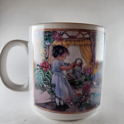 VTG Pictura Graphica Sweden 1991 Coffee Mug Little Girl Watering Flowers Purple • $15.99