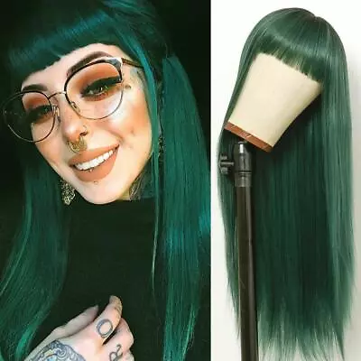 Green Long Straight Wigs With Bangs Synthetic Green Wigs Cosplay Heat Resistant  • $21.61