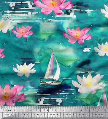 Soimoi Green Cotton Poplin Fabric Yacht & Lotus Flower Decor Fabric-ka6 • $13.19