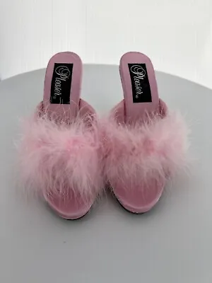 Pleaser USA Romance-04 Baby Pink Satin With Marabou Fur Trim Mule IN-STOCK • £21.25