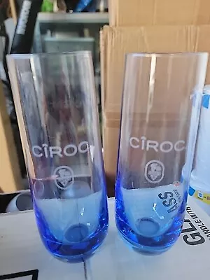 Ciroc Etched Blue Cocktail Stemless Flute Glasses ~ Set Of Two Vodka Logo 6.25  • $22