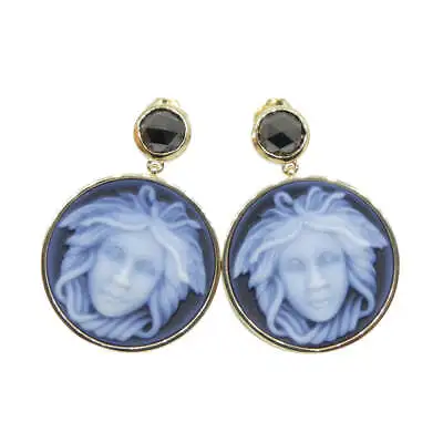 Black Agate Medusa Cameo Earrings With Rose Cut Black Diamonds Set In 14k Yellow • $1460