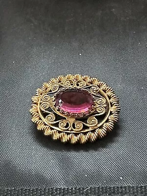 VTG RETRO STYLE AMETHYST GLASS  & GOLD PLATED FILIGREE PIN 1 1/2-Costume Jewelry • $24.99