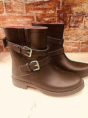 Kate Spade Slip On Pamela Rain Boots Wellies Black With Bows Gold Buckle 8M Moto • $29