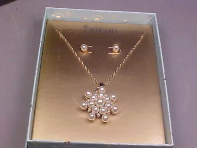 Vintage Signed Trifari Goldtone & Faux Pearl Necklace/Earrings In Original Box • $3.25