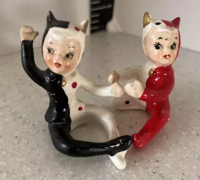 Vintage JAPAN BLACK RED DOT PIXIE CAT DEVIL Costume GIRL CERAMIC CANDLE HUGGERS • $65