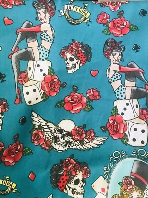 Pin Up Rockabilly “Lucky Girl” Dice Cards Skulls Roses Retro Vintage Fabric FQ • $4.99