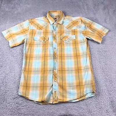 Larry Mahan Shirt Mens L Yellow Plaid Western Pearl Snap Cowboy Short Sleeve • $29.88