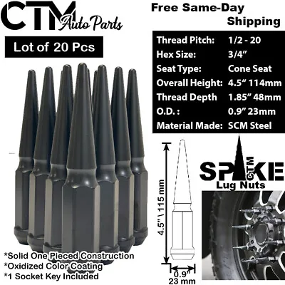 20Pc 4.5  TALL BLACK 1/2-20 SOLID STEEL SPIKE LUG NUT+KEY FIT VINTAGE MODELS • $41.39