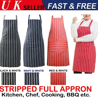 Striped Chef Aprons Check Cotton Butcher Cooking Kitchen Catering BBQ Bib Pocket • £6.43