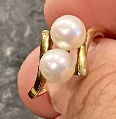 Mikimoto Estate 2 Akoya Pearl Ring 14k Yellow Gold Vintage Size 6.5 • $350