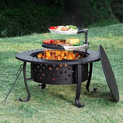 36 Inch Fire Pit With 2 Grill Outdoor Wood Burning Firepit With Lid Metal Round • $171.99