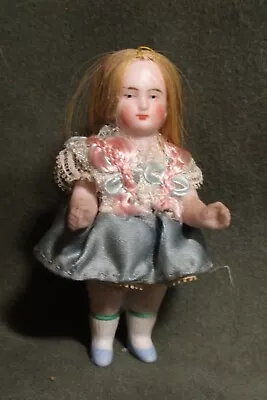 Antique All Bisque Mignonette - Miniature  Doll - 3  - Blonde - In Blue -Germany • $30