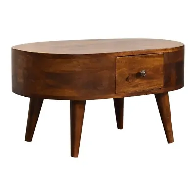 Oval Mid Century Modern Coffee Table With 2 Drawers Mango Wood Living Room • $279.99