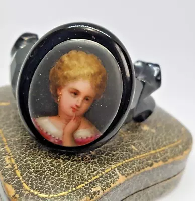 Antique  Victorian Whitby Jet /painted Cameo Of A Romantic Youg Lady Bracelet • £175