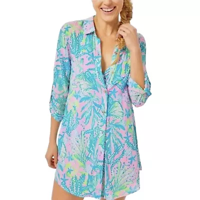 LILLY PULITZER Natalie Shirtdress Swim Cover-Up Pink & Blue Coral XS • $36