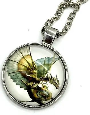 Steampunk Winged Dragon Holding Watch Gears Domed Cabochon 18  Sterling Necklace • $8.19