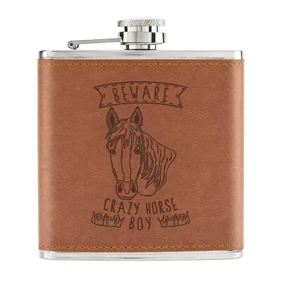 Beware Crazy Horse Boy 6oz PU Leather Hip Flask Tan Funny Animal Joke • £12.99