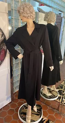 Designer Woman Dressy Black Maxi Trench Coat Belt Hidden Buttons Lined AK Size 8 • $44.99