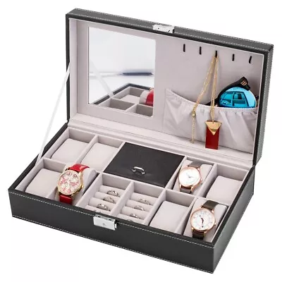 Jewelry Box 8 Slots Watch Organizer Storage Case With Lock And Mirror Black • $24.20