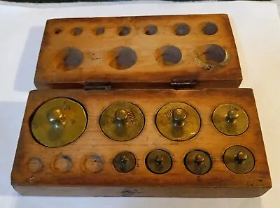 Antique Austrian Set Of 8 Graduated Brass Weights In Wood Block Box 5g To 20DK • $35