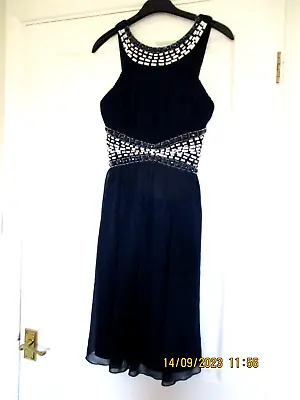 Size 10 Navy Occasion Dress By QUIZ Chiffon Lined Embellished Very Pretty • £9.50